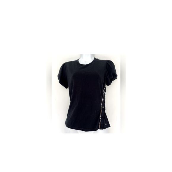 Burberry London Shirt Womens Large Black Puff Sleeve Side Button Check Trim - Picture 3 of 10